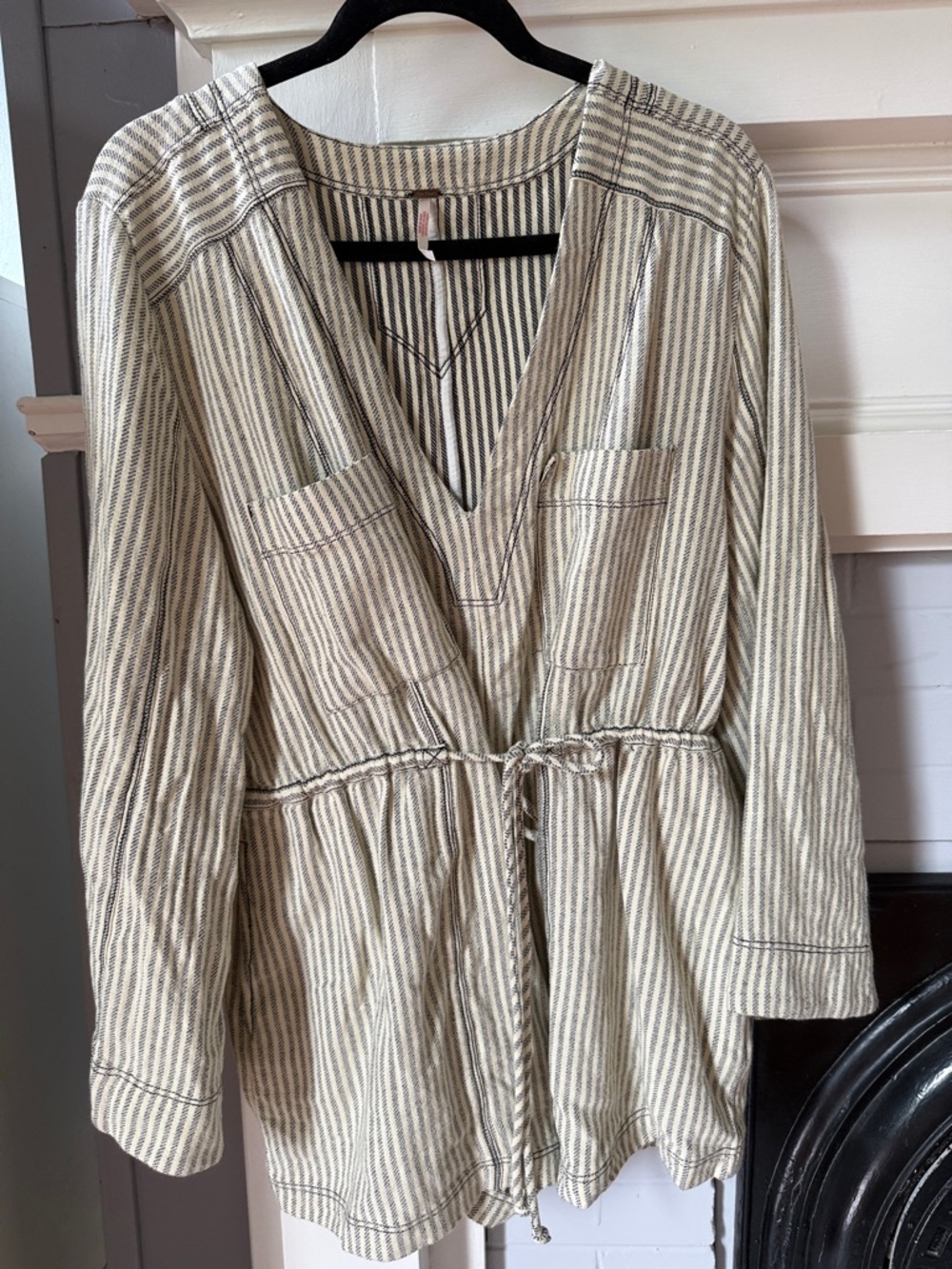 Striped Drawstring Long Sleeve Romper - Cream & Gray